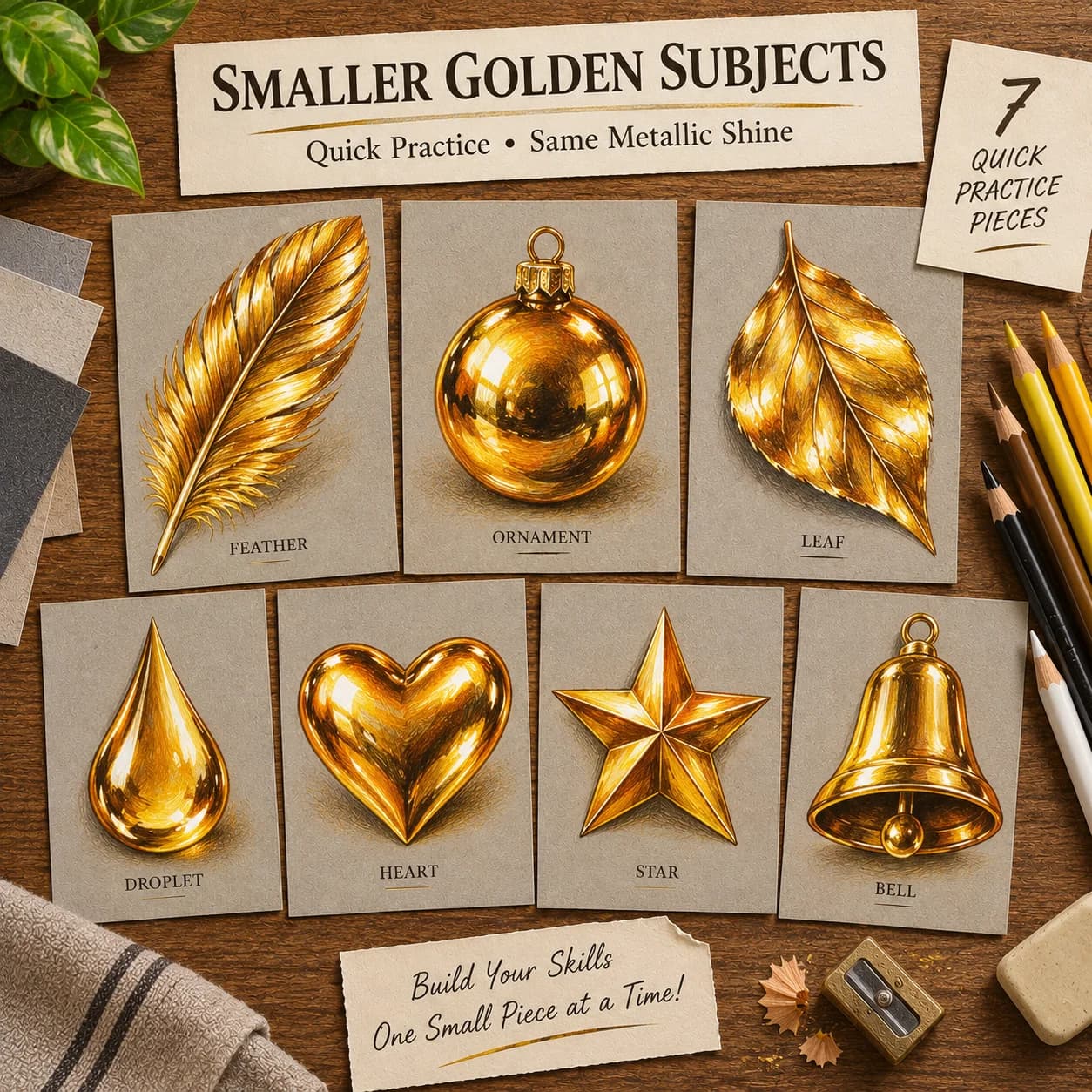 Smaller Golden Subjects: a feather, ornament, leaf, droplet, heart, star, and bell drawn with the same golden metallic technique