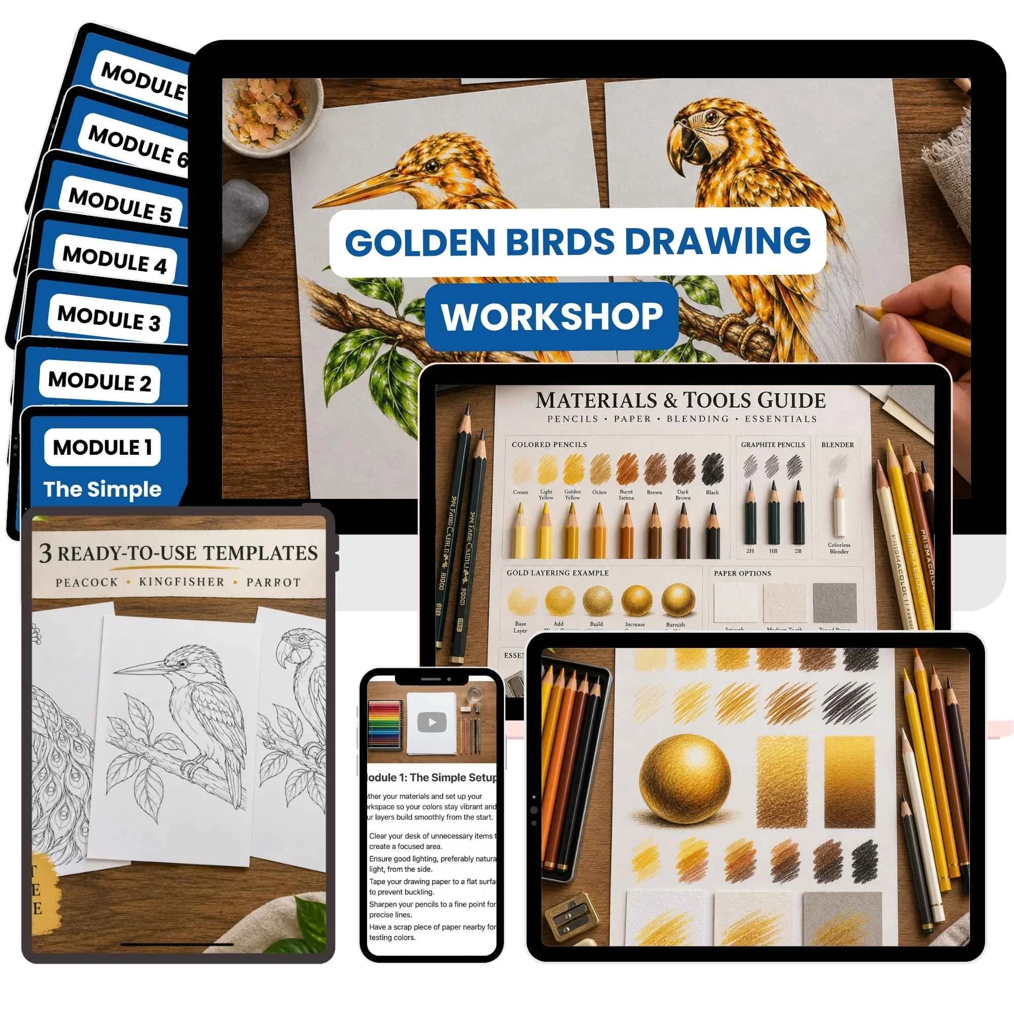 The Golden Birds Drawing Workshop shown across desktop, tablet, and phone