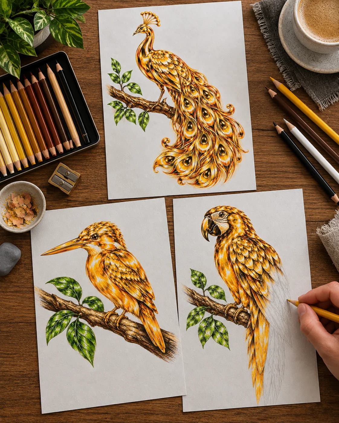 Finished golden peacock, kingfisher, and parrot drawings made with colored pencils